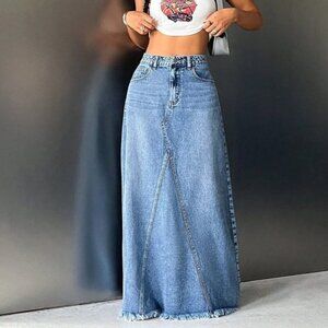 Blue Casual Womens High Waist Raw Hem Maxi Denim Skirt